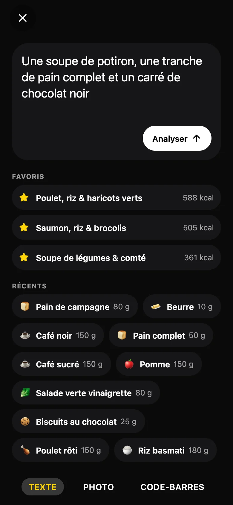 Un repas décrit en texte, prêt à être analysé