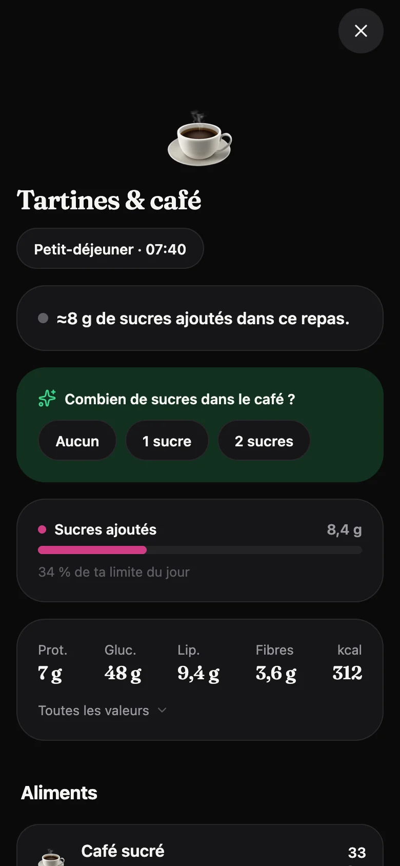 Le détail d'un repas : les sucres ajoutés, la part de la limite du jour et un conseil