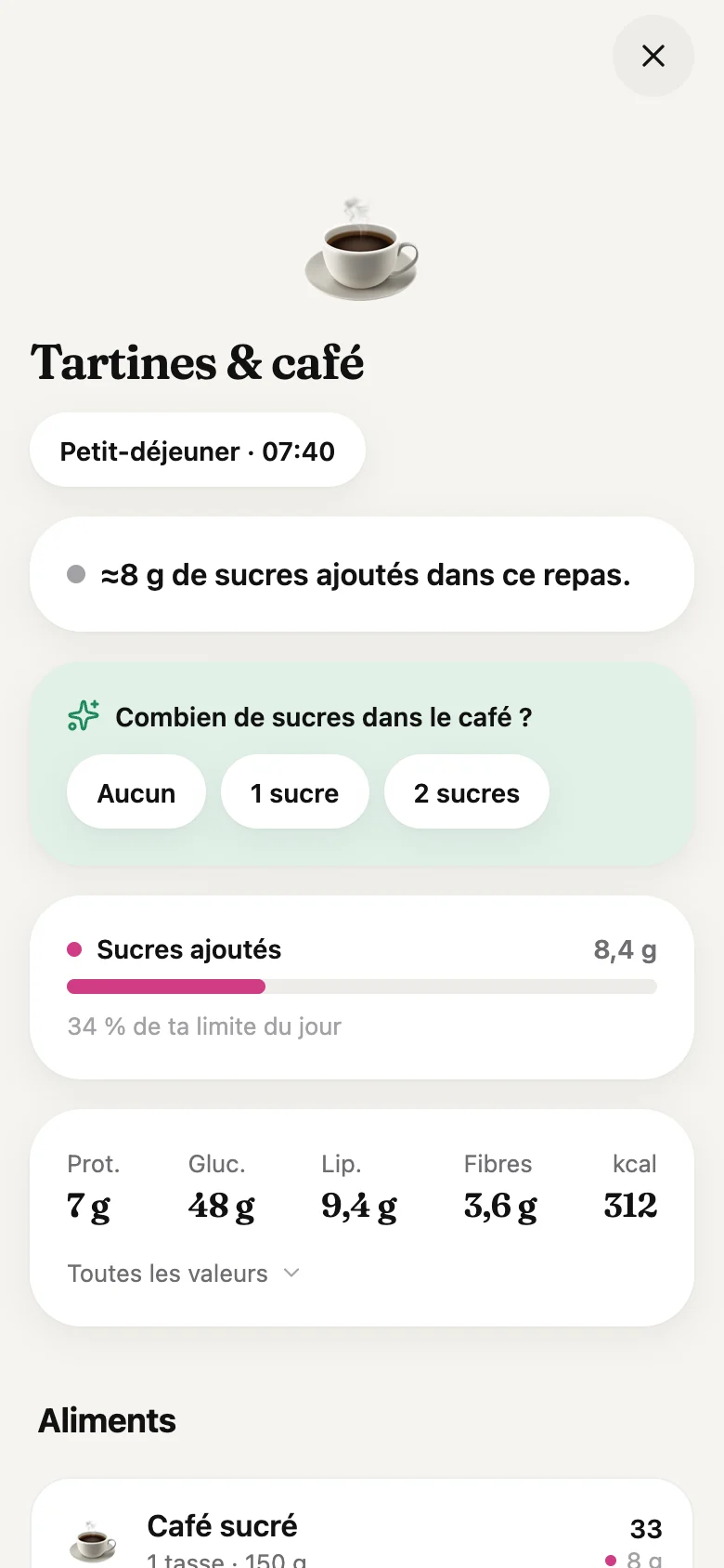 Le détail d'un repas : les sucres ajoutés, la part de la limite du jour et un conseil